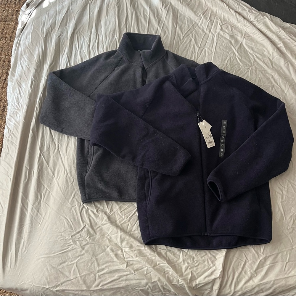 Blue and Gray Zip Up Sweaters with High Collar